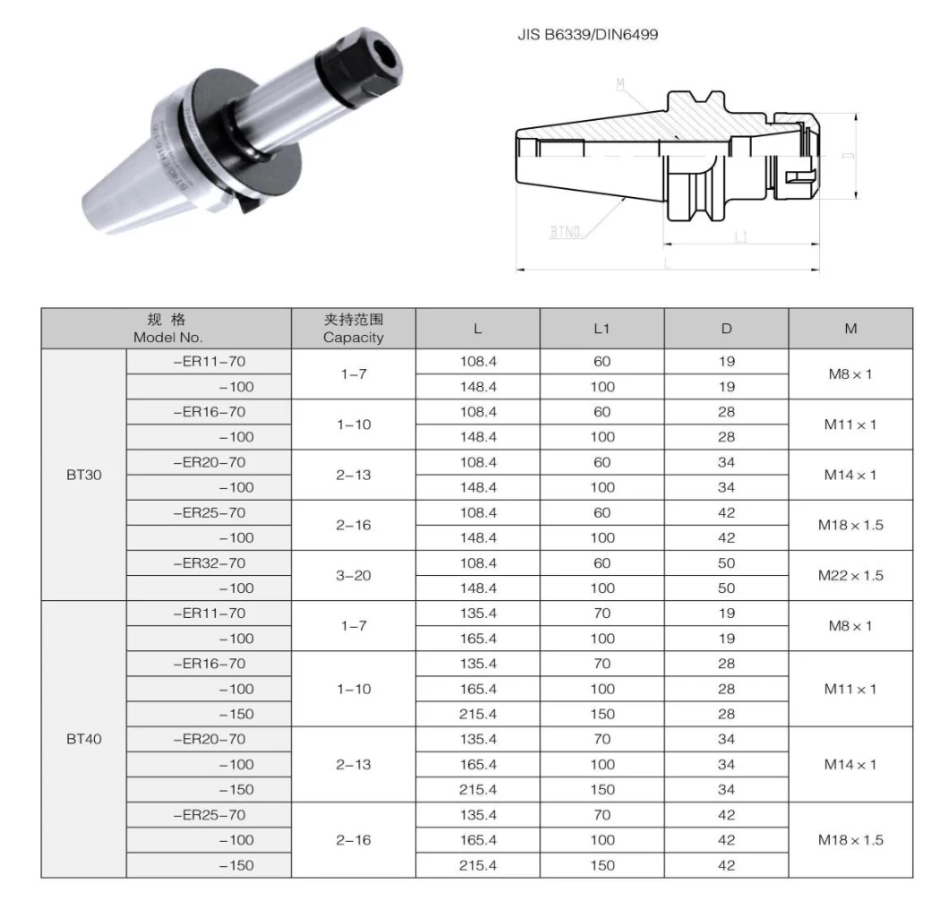 Good Quality Tool Holder Tooling System High Speed BT40-ER16-100 BT-ER Series